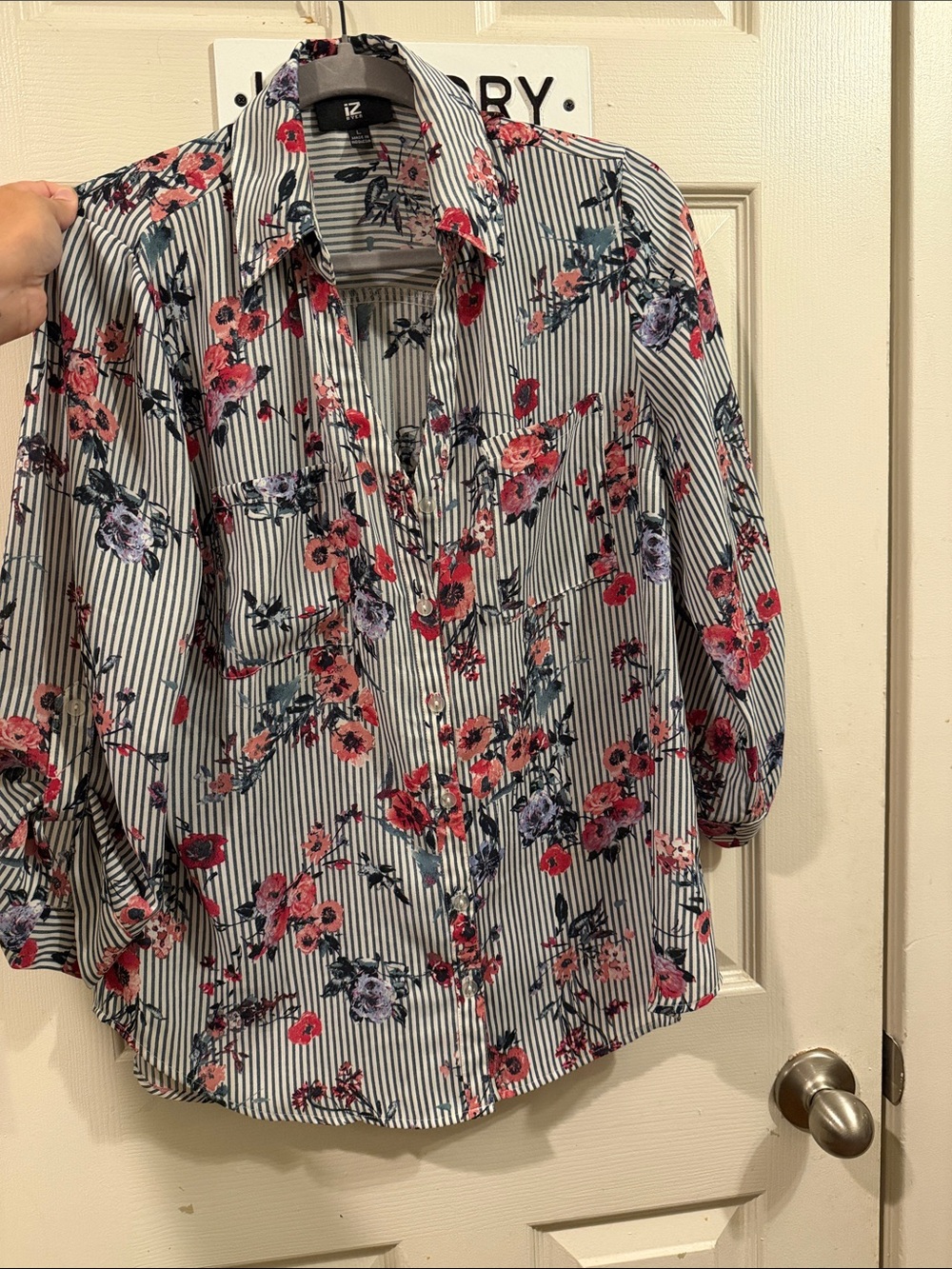 Iz Byer Striped Button-Down Blouse with Pink & Purple Floral Print